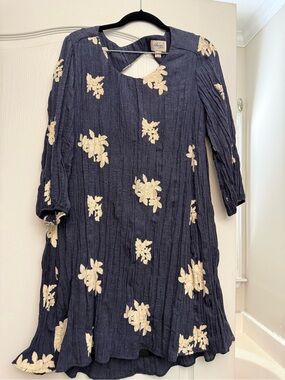 Beige by eci Navy Blue Dress with Cream Floral Embroidery
